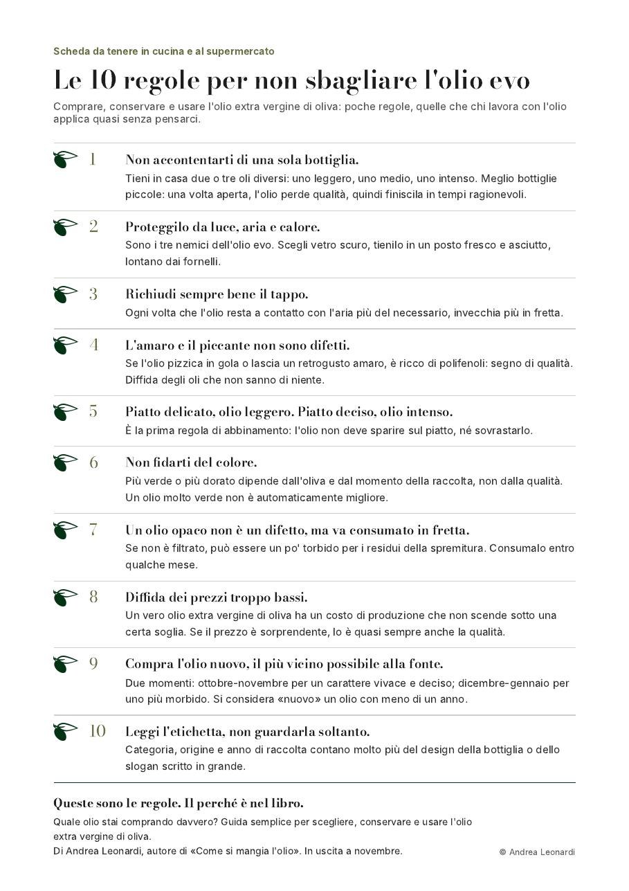 La scheda «Le 10 regole per non sbagliare l'olio evo», in formato A4